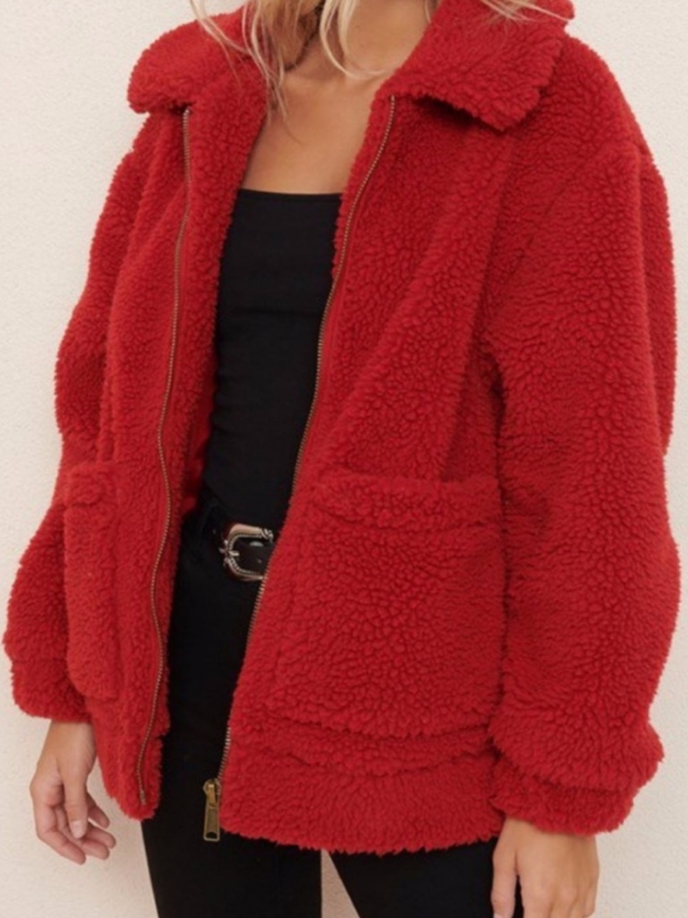 Garage Red Sherpa Teddy Jacket with Zip